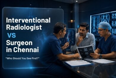 Medical consultation with an Interventional Radiologist and Surgeon reviewing treatment options in Chennai