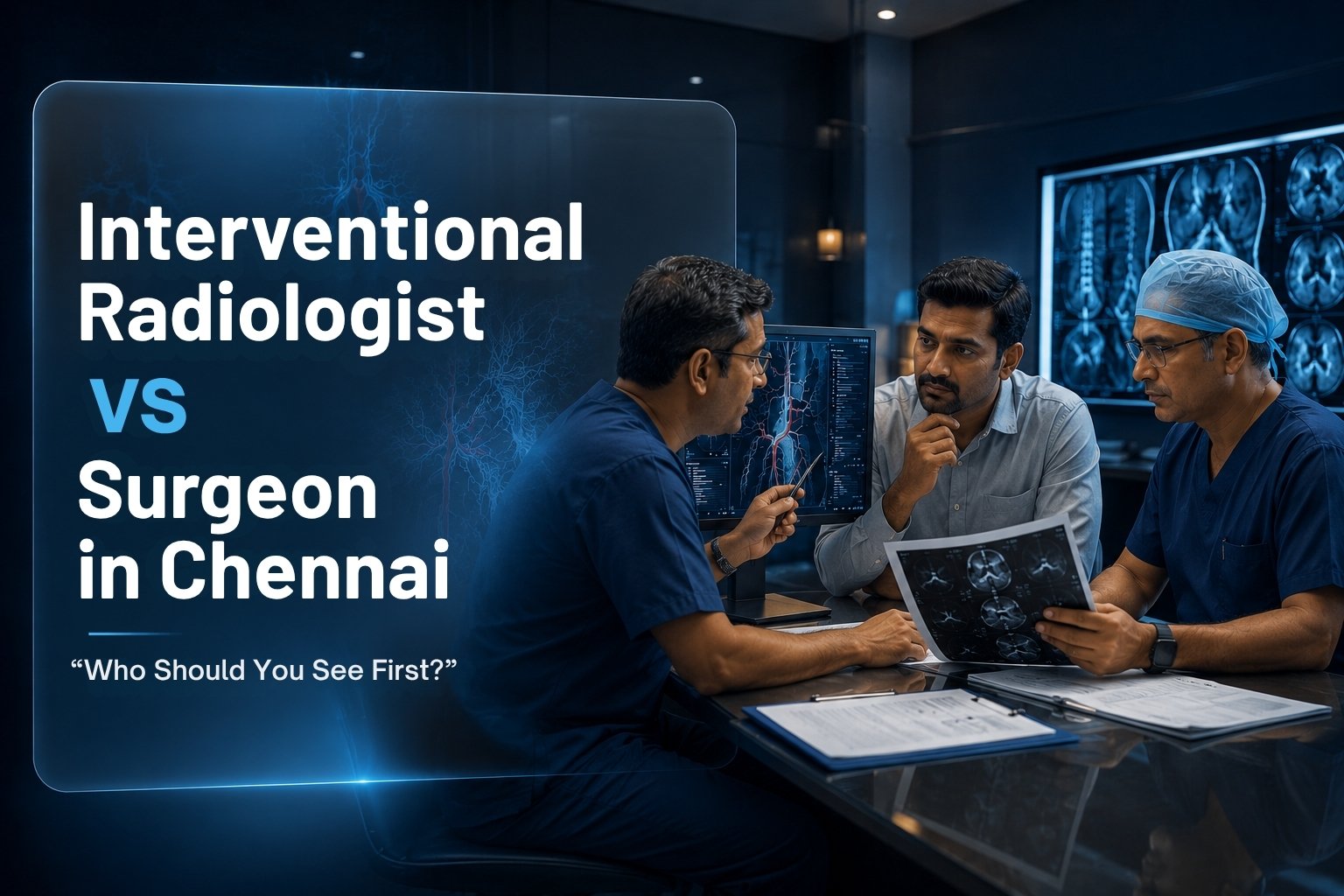 Medical consultation with an Interventional Radiologist and Surgeon reviewing treatment options in Chennai